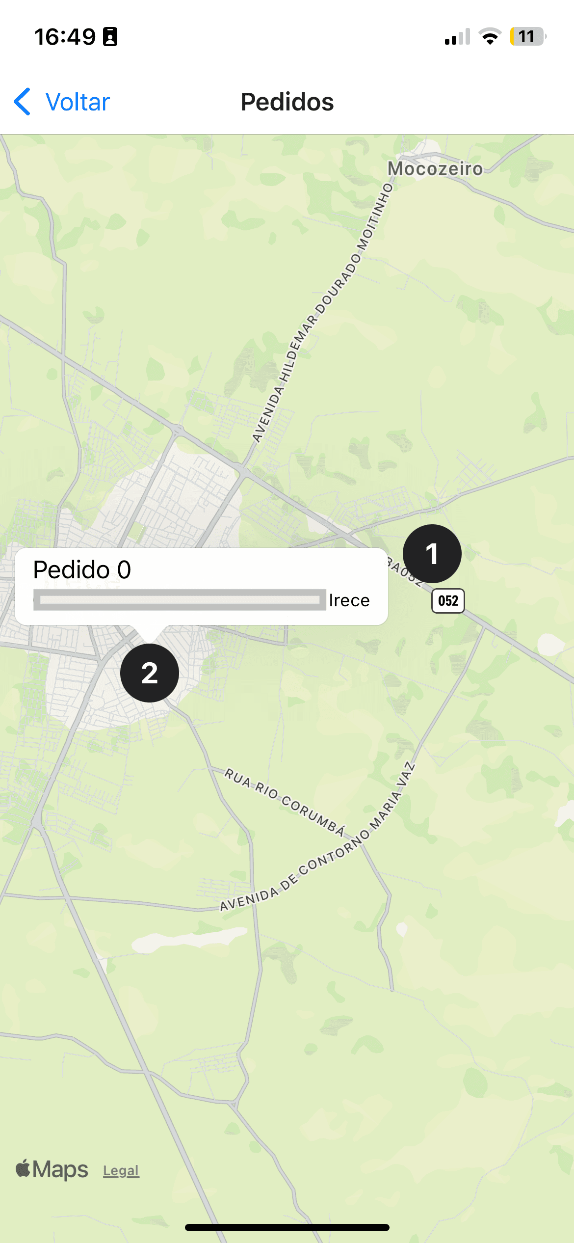 Mapa de entregas no aplicativo Meu Rastreio