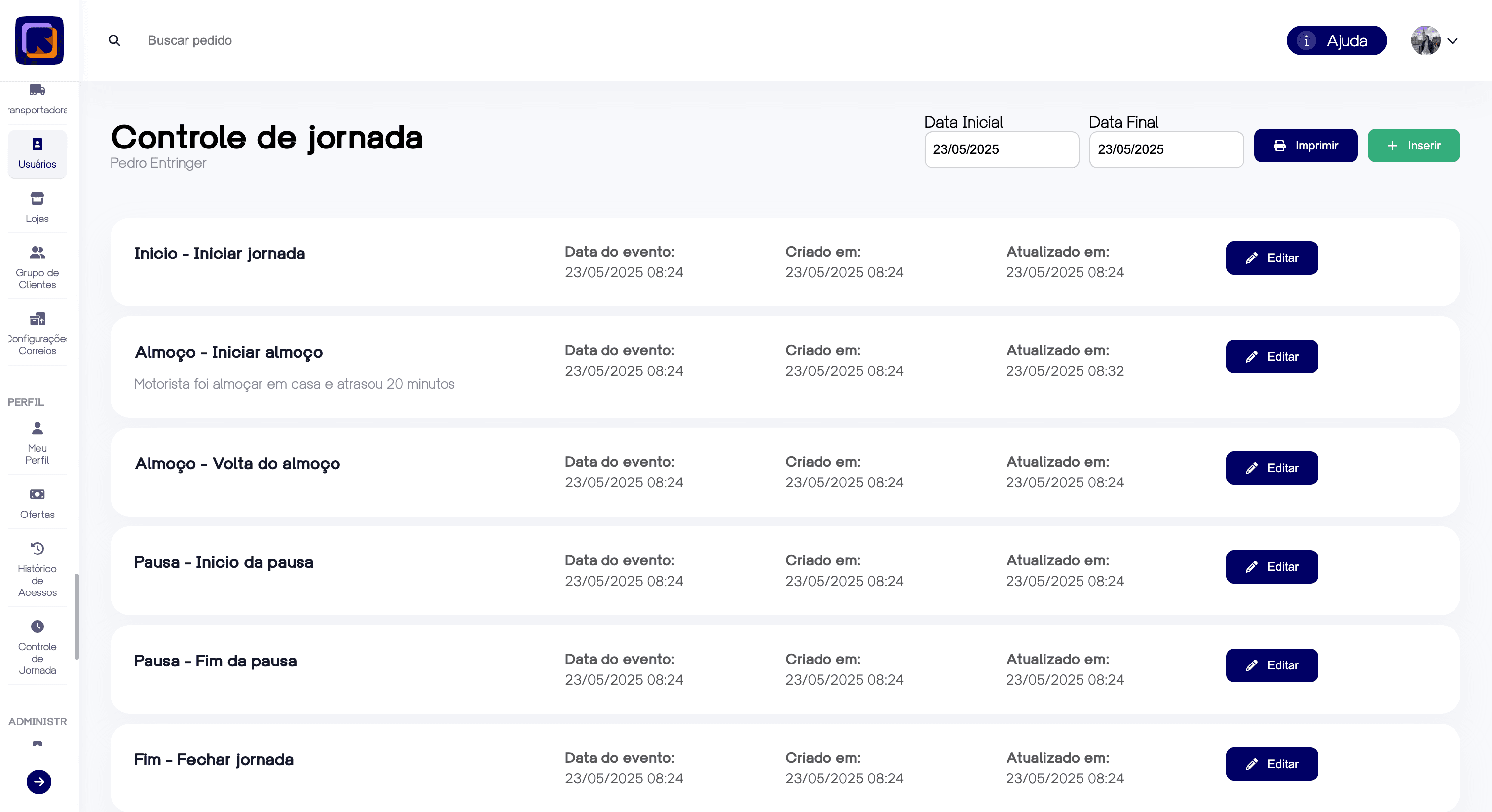 Controle de jornada e pontos