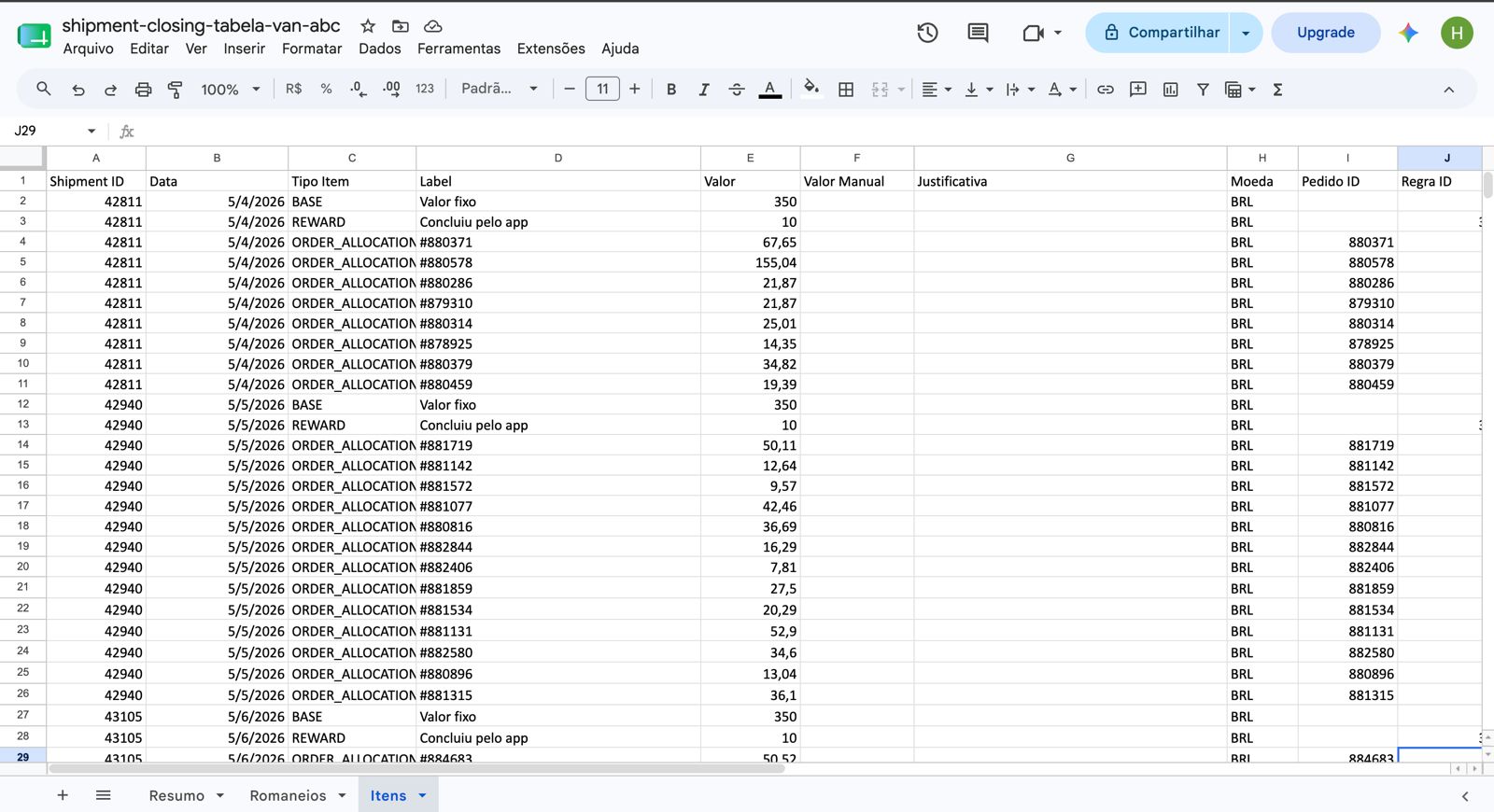 Partilhe a composição dos valores calculados